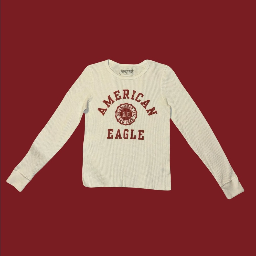 American Eagle White Waffle Knit Top with Red Logo